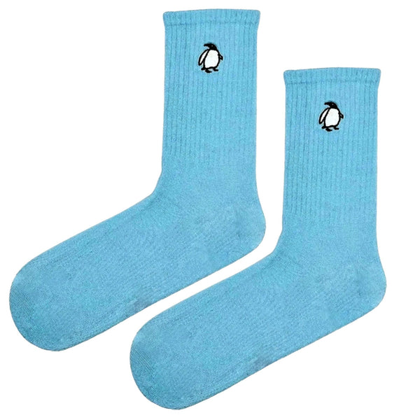 Penguin Embroidered Sky Blue Socks. These cozy unisex socks feature a cute black and white penguin icon stitched near the cuff