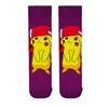 Pikachu Cartoon Socks, inspired by the world of Pokémon. Featuring Pikachu wearing a red cap on a bold purple background,