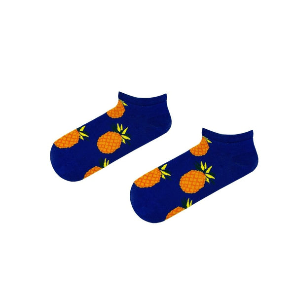 Pineapple Ankle Purple Socks! Designed with vibrant yellow pineapples on a deep navy blue base