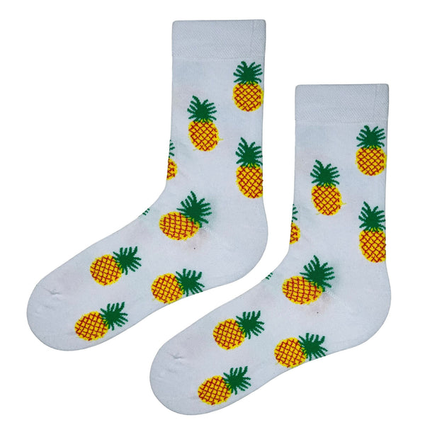 Pineapple Patterned White Socks – a tropical twist on your everyday essentials. Featuring a playful all-over pineapple print