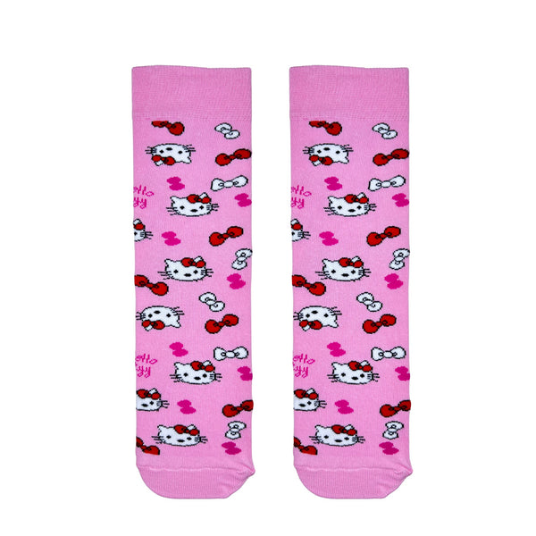 Pink Hello Kitty Cartoon Socks!Made with breathable fabric, these socks are perfect for everyday wear, blending comfort and style with a cute twist. The bright pink design is covered with Hello Kitty faces, red bows, and hearts