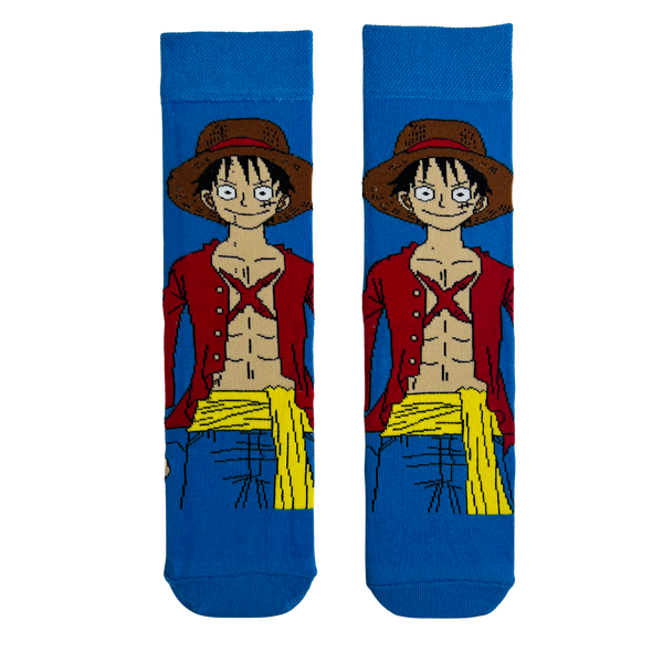 Pirate Luffy Socks! These bold blue socks feature a detailed cartoon-style design of your favorite straw-hat-wearing pirate