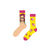 Pop Art Kiss Socks – featuring vibrant comic-style artwork and bubblegum kisses! One sock showcases a retro pop-art woman in sunglasses, while the other bursts with pink lips and gum graphics on a bright yellow base