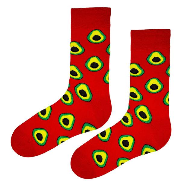 Red Avocado Pattern Socks! Featuring a vibrant red base with playful avocado prints