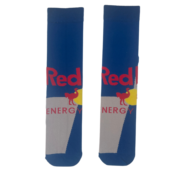 Red Bull-inspired socks bring bold energy to every step. Featuring a dynamic blue and grey color combo with a vibrant yellow and red design, these unisex crew socks are perfect for fans of high-energy vibes.