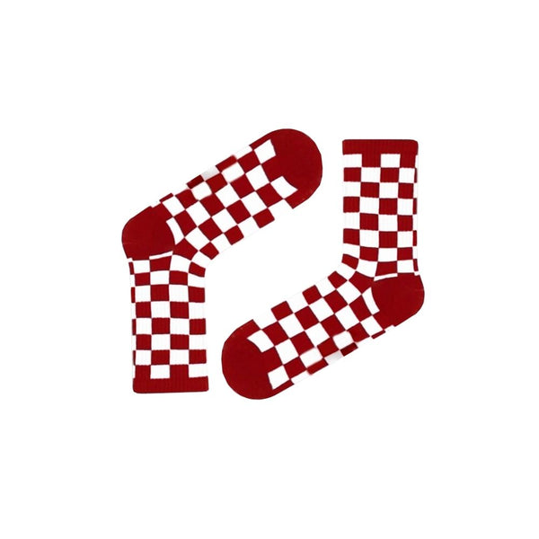 Red Checkerboard Socks. Designed for trendsetters who love to stand out, these vibrant crew socks feature a bold red-and-white checker pattern that screams retro cool.