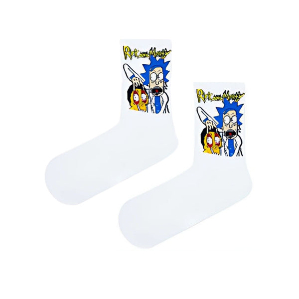 Rick and Morty White Socks! Featuring the iconic duo in full cartoon chaos, these unisex crew socks are perfect for fans of animated adventures and bold street style