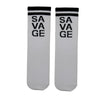 Savage Socks a clean and classic design with attitude. Featuring black "SAVAGE" text stacked vertically on a crisp white base,