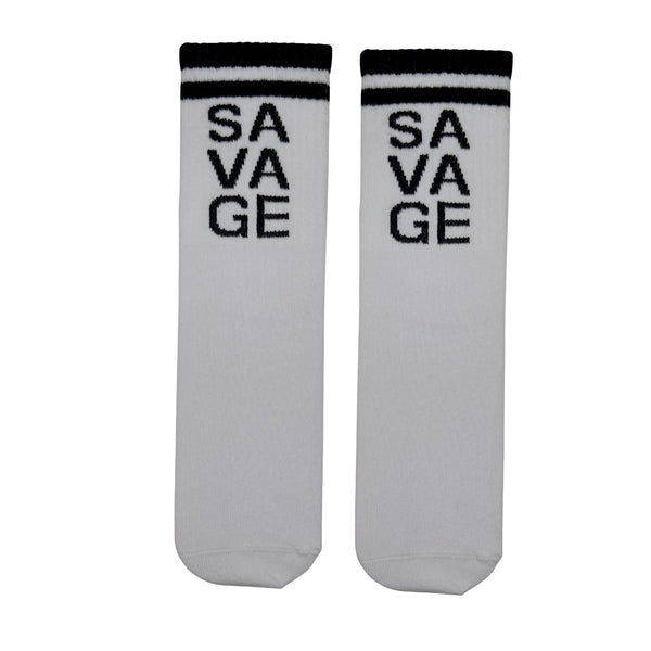Savage Socks a clean and classic design with attitude. Featuring black "SAVAGE" text stacked vertically on a crisp white base,