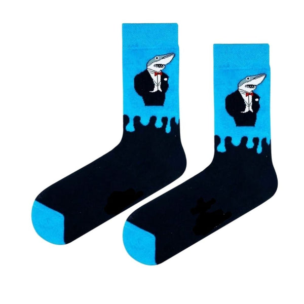 Crew socks with shark in tuxedo design
