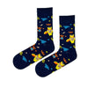 Silly Monster Emoji Crew Socks in navy blue! These socks are bursting with vibrant emoji graphics, playful monster faces, and colorful hearts and swirls.