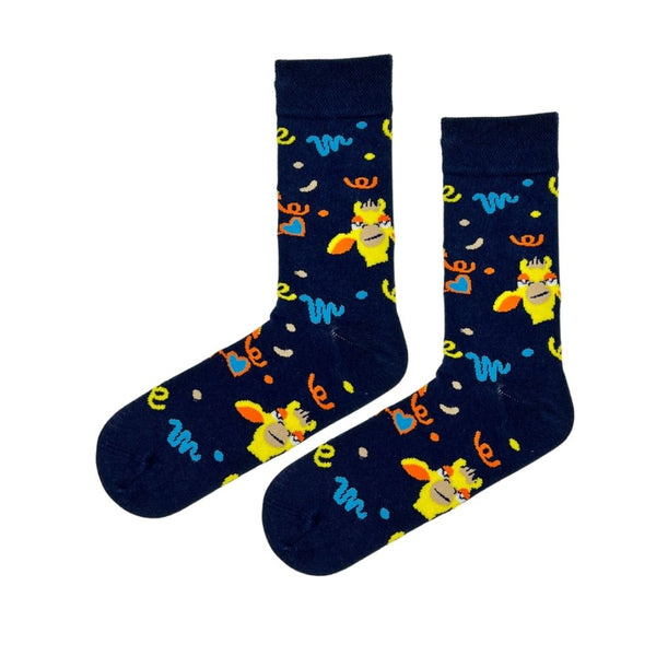 Silly Monster Emoji Crew Socks in navy blue! These socks are bursting with vibrant emoji graphics, playful monster faces, and colorful hearts and swirls.