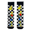 Simpsons Family Socks! Featuring Bart on a skateboard, Homer pointing dramatically, Marge smiling, and Lisa chillin’ – all set against a cool black-and-white checkerboard pattern.