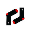 Space Astronaut Socks! These black crew socks with striking red heels and toes feature a mini embroidered astronaut in action