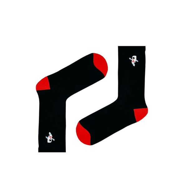 Space Astronaut Socks! These black crew socks with striking red heels and toes feature a mini embroidered astronaut in action