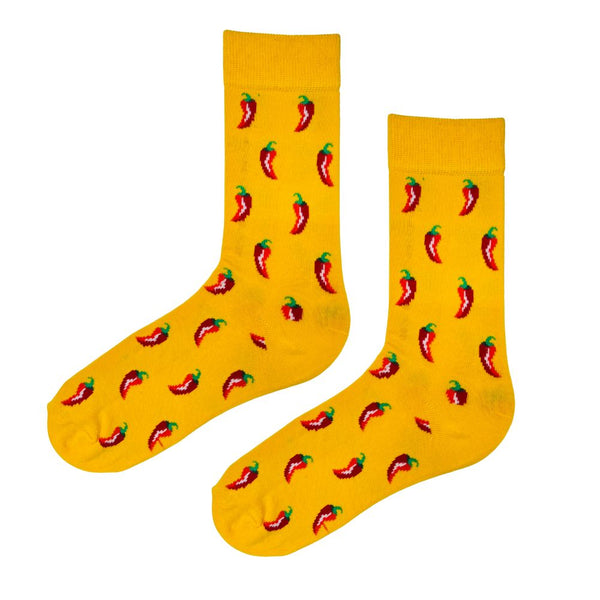 Spicy Chili Patterned Socks! Featuring a vibrant red chili pepper pattern on a bold yellow background,