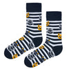 Striped Cat Socks - featuring alternating black and white stripes with adorable orange and grey cat faces