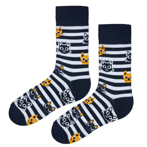 Striped Cat Socks - featuring alternating black and white stripes with adorable orange and grey cat faces