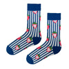 Striped Strawberry Socks! Featuring juicy pink strawberries on bold navy and white vertical stripes