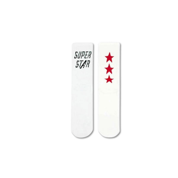 Super Star Socks, designed for those who love to stand out. These unisex socks feature bold black “SUPER STAR” text on one side and eye-catching red stars on the other—perfect for dreamers, achievers, and bold personalities.