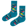 Sushi Pattern GReen Socks. Featuring colorful sushi rolls, nigiri, and chopsticks on a teal base, these socks are perfect for foodies and anyone who loves quirky fashion.