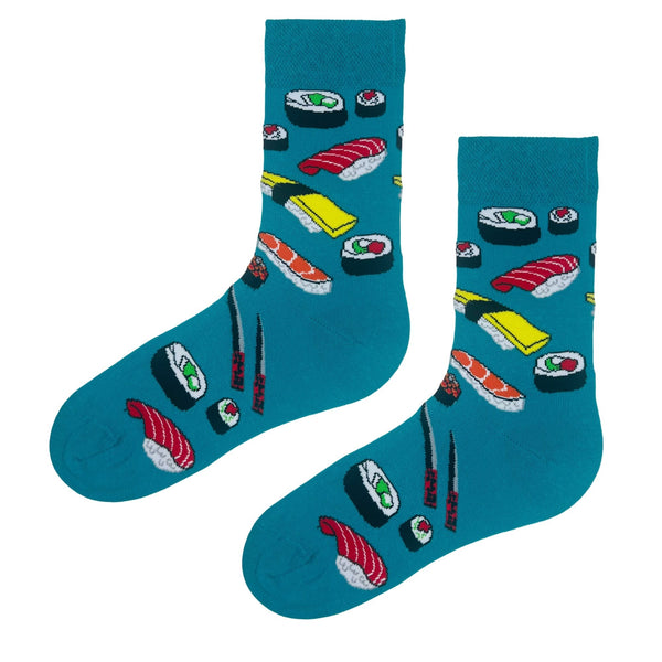 Sushi Pattern GReen Socks. Featuring colorful sushi rolls, nigiri, and chopsticks on a teal base, these socks are perfect for foodies and anyone who loves quirky fashion.