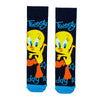 Tweety Bird Crew Socks, inspired by the classic Looney Tunes character. Featuring Tweety’s cheerful yellow design on a bold navy background with blue accents,