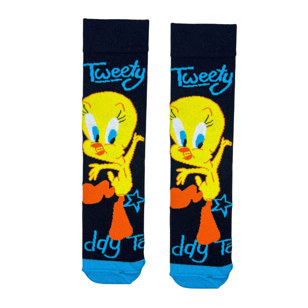 Tweety Bird Crew Socks, inspired by the classic Looney Tunes character. Featuring Tweety’s cheerful yellow design on a bold navy background with blue accents,