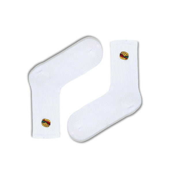 White Hamburger Socks! Embroidered with a juicy burger on each side, these unisex socks are perfect for foodies who love quirky fashion.