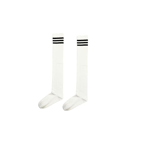 White Over-the-Knee Socks featuring bold black triple stripes.