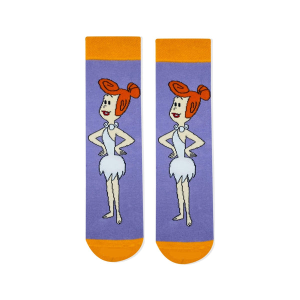 Wilma Flintstone Socks! Featuring the iconic red-haired character from Bedrock on a bold purple background with orange cuffs and toes.