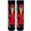 Wizard Quidditch Socks. Designed with a cartoon wizard character in a red robe holding a broomstick, these socks are perfect for fans of fantasy and magical adventures. The dark base makes the colors pop,