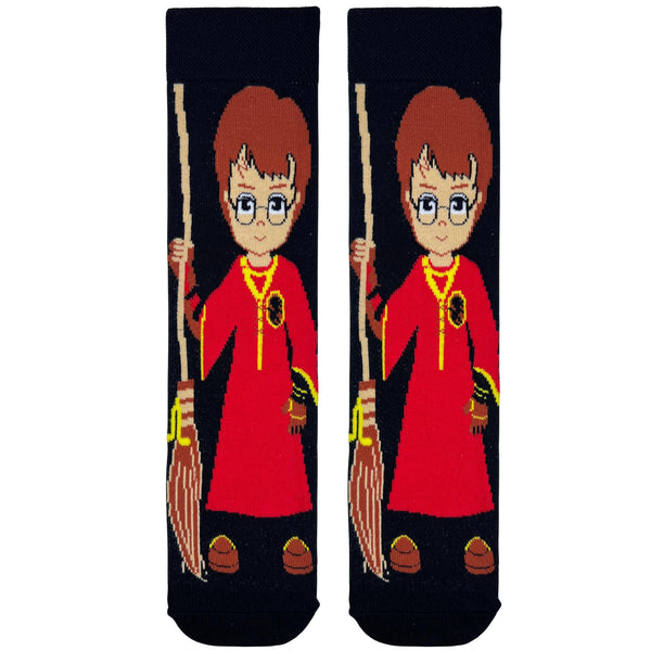 Wizard Quidditch Socks. Designed with a cartoon wizard character in a red robe holding a broomstick, these socks are perfect for fans of fantasy and magical adventures. The dark base makes the colors pop,
