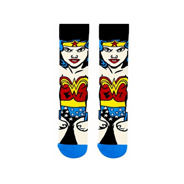 Wonder Woman Hero Crew Socks. Styled in bold comic colors with the iconic "W" emblem, stars, and tiara