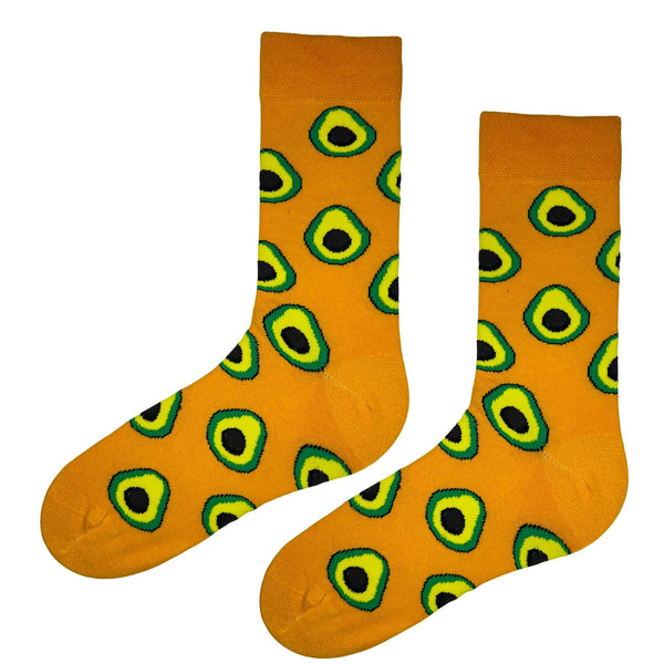 Yellow Avocado Patterned Socks! These crew-length socks feature a playful avocado print on a sunny yellow background