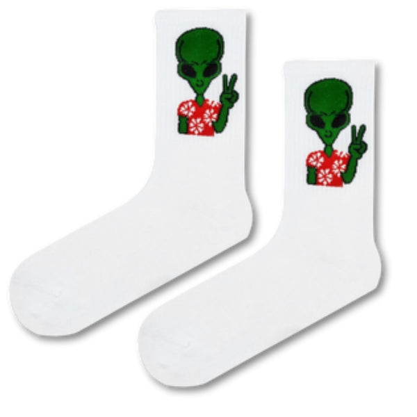 Chill Alien Peace Socks feature a funky green alien rocking a red Hawaiian shirt and flashing the peace sign