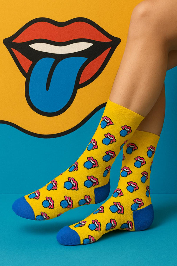 Colorful crew socks with cheeky tongue-out emoji design