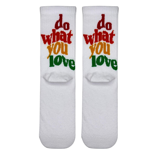White crew socks with colorful 'Do What You Love' text in red, orange, yellow and green