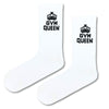 White crew socks with black crown and 'GYM QUEEN' logo