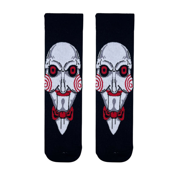 horror Puppet Face Socks – the ultimate pick for Halloween lovers and horror fans. Featuring a chilling puppet mask design with red swirls, piercing eyes, and a bold bow tie,
