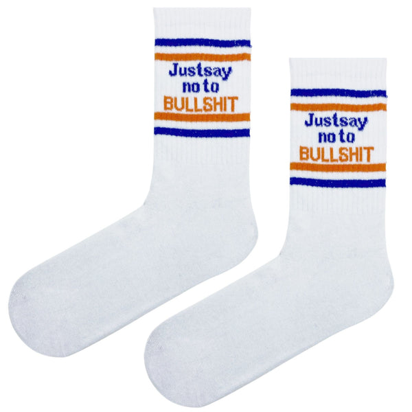 White crew socks with blue and orange stripes featuring "Just say no to bullshit" quote