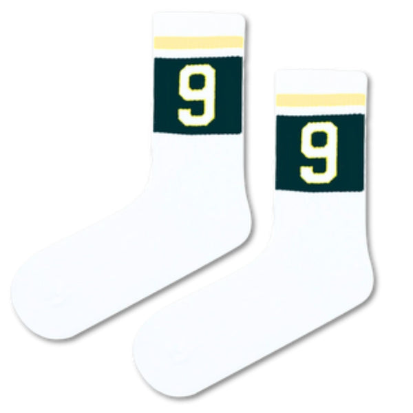 White athletic socks with green and yellow stripes featuring number 9 design