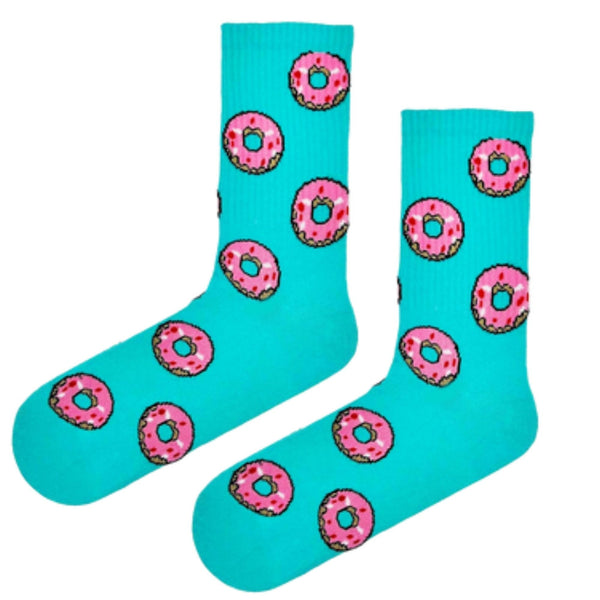 Pink Donut Socks – Blue Crew. Featuring playful pink frosted donuts on a bright turquoise base, these socks are perfect for foodies
