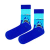 “Shark Attack Socks – Blue crew socks with shark design – unisex, breathable, fits sizes 35–45”
