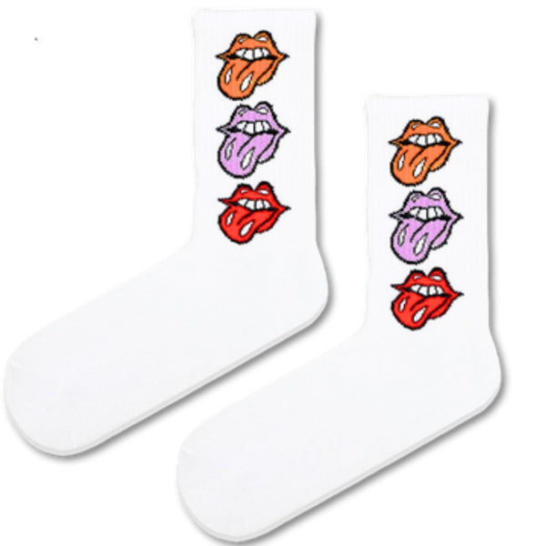 Tongue Out Lips Socks bring bold attitude and playful flair to your look. Featuring a stacked trio of colorful lips with tongues out,