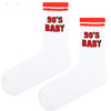  90's Baby Socks – Retro Style Statement. Featuring bold red varsity stripes and embroidered text, 