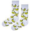 Banana Patterned White Socks ! Bright yellow banana bunches pop against a clean white background,