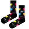  Colorful Cat Face Socks! Featuring a rainbow of bright, smiling cat faces on a bold black base