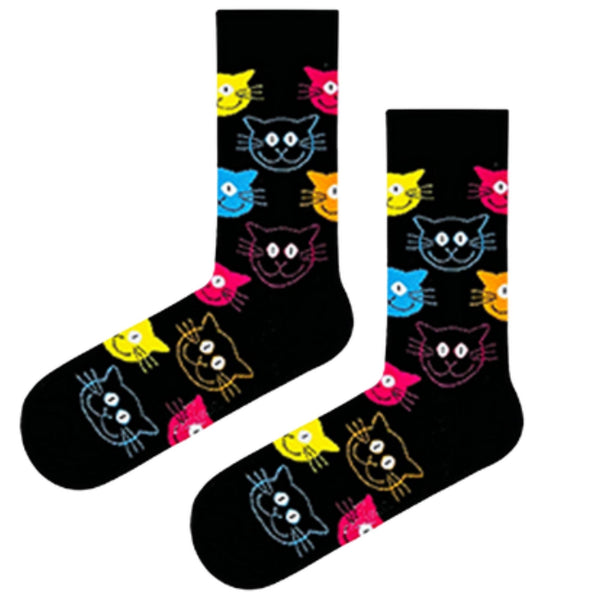  Colorful Cat Face Socks! Featuring a rainbow of bright, smiling cat faces on a bold black base