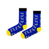 ! Featuring playful dalmatian designs on a vibrant blue background with contrasting yellow toes and black cuffs,